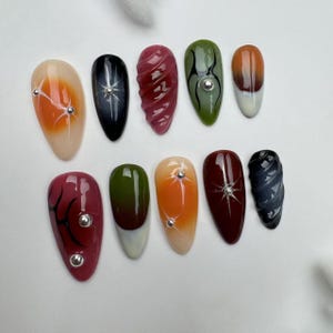 Handmade Almond Press On Nails: Y2K Party Nails, Custom FlakesCustom Party Nails/3D Floral Almond Press On Nails/Fall Nails/fake nails