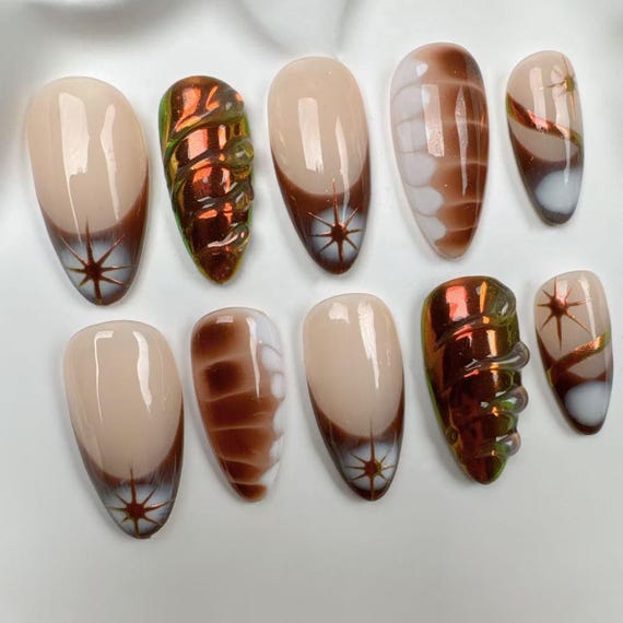 Handmade Press On Nails: Brown Almond, Japanese Y2K Style