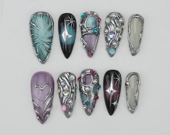 Blue Cat Eye Press On Nails: Party Gel Nail Art/Custom Party Nails/Glitter Nails/Brown Nails/Fall Nails/gift for her