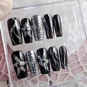 Custom Press On Nails: Black Silver Star Y2K Almond Long Nails