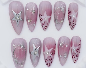 Pink Celestial Press On Nails, SilverStar Nail Art, Rhinestone HandmadeGel Nails, Y2K Custom Nail Set