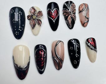 Handmade Flake Press On Nails: Long Almond Japanese NailsCustom Party Nails/3D Floral Almond Press On Nails/Glitter Nails/Sparkle Nails