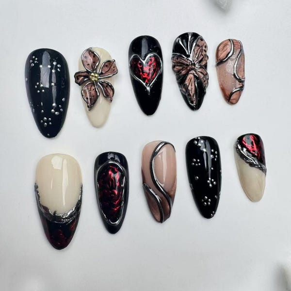 Handmade Flake Press On Nails: Long Almond Japanese NailsCustom Party Nails/3D Floral Almond Press On Nails/Glitter Nails/Sparkle Nails