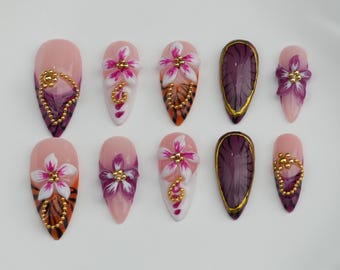 Cat Eye Color Press on nails/Handmade customize  nails/ Glitter Nails/Brown Nails/3D Gold Chrome nail/for her gift/Holiday Nails
