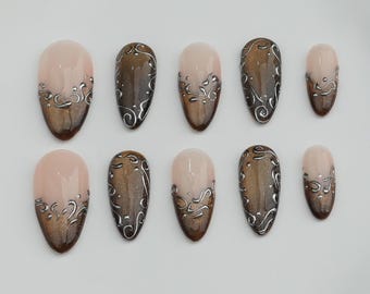 Cat Eye Color Press on nails/Handmade customize  nails/ Glitter Nails/Brown Nails/3D Gold Chrome nail/for her gift/Holiday Nails