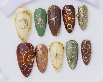 Celestial Press-On Nails, Sun Moon Star Earth Tone Gold (Customizable)