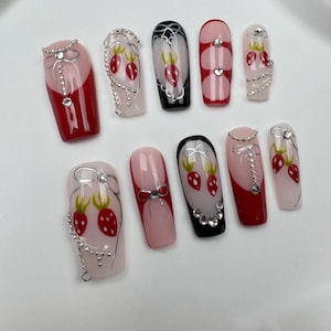 Handmade Strawberry Press On Nails: Long Almond Japanese Nails