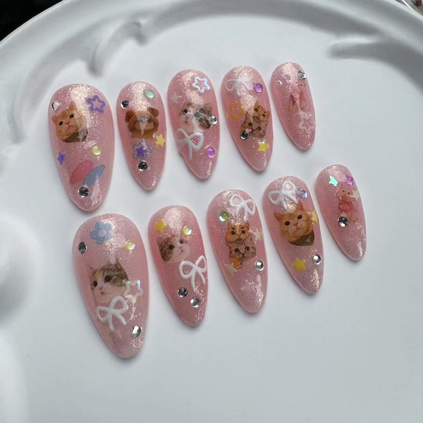 Custom Press On Nails: Japanese Cat Almond Long Nails/Custom Party Nails/Glitter Nails/Brown Nails/ Fall Nails/fake nails