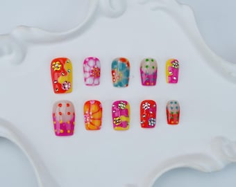 Handmade Floral Press On Nails: Colorful Party, Wedding Design