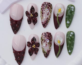 Burgundy Floral Press On Nails, 3D Butterfly Nails Dark Romantic Nail Art
