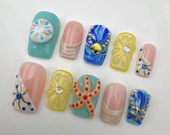 Custom Press On Nails: Beach Theme, Long Almond NailsCustom Party Nails/3D Floral Almond Press On Nails/Glitter Nails/Sparkle Nails