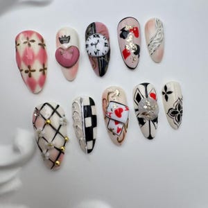 Handmade Alice in Wonderland Press On Nails: Long Almond Nail Art