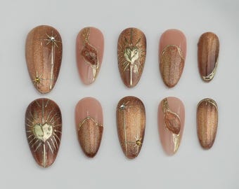 Cat Eye Color Press on nails/Handmade customize  nails/ Glitter Nails/Brown Nails/3D Gold Chrome nail/for her gift/Holiday Nails