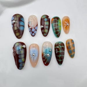 Handmade Press On Nails: Long Almond, Japanese Style, Custom Fit/3D Gold Chrome nail/Fall Nails/gift for her/Cat eye color nail/gift for her