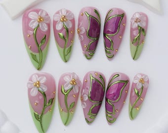 Pink Floral Press-On Nails, 3D White Flower, Purple Almond (Customizable)