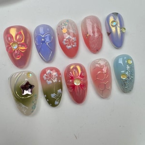 Unhas postiças japonesas feitas à mão: estilo amêndoa longo Y2K, unhas personalizadas para festas, unhas postiças florais 3D/unhas com glitter/unhas brilhantes