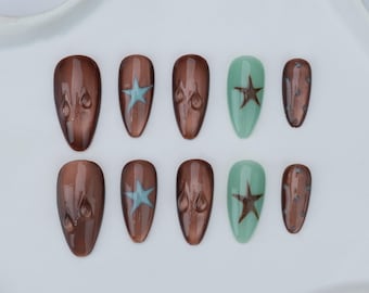 Handmade Star Press On Nails, Cat Eye Gel Nail Art