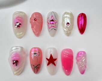 Aangepaste persnagels: lange amandel, feest bruiloftsnagels Aangepaste feestnagels/3D bloemen amandelpers/glitternagels/cadeau voor haar