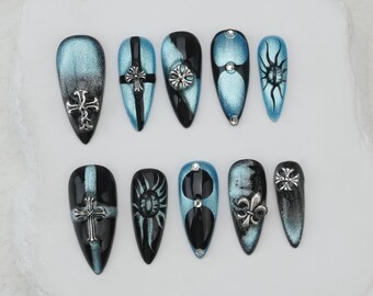 Blue Cat Eye Press On Nails: Party Gel Nail ArtCustom Party Nails/3D Floral Almond Press On Nails/Glitter Nails/Sparkle Nails