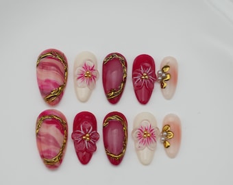 Handmade Floral Press On Nails: Cat Eye Gel Nail Art