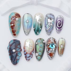 Handmade Long Almond Press On Nails: Glitter, Sparkle, Star Accents (Party Wedding)