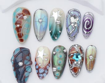 Handmade Long Almond Press On Nails: Glitter, Sparkle, Star Accents (Party Wedding)