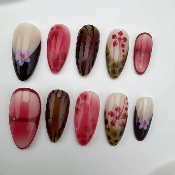 Unhas Postiças Florais Feitas à Mão: Estilo Japonês Personalizado/Unhas Personalizadas para Festas/Unhas com Glitter/Unhas Brilhantes/Unhas para o Outono/Presente para Ela/