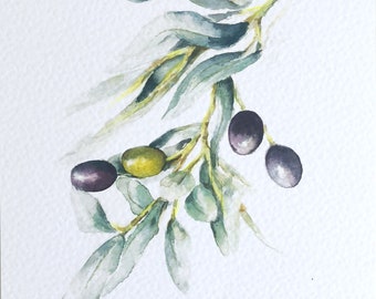 Watercolor "OLIVE on the branch"DIN A4, natural, art print of my original, kitchen, picture, decoration, fruit, fruits.