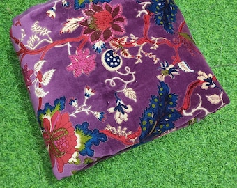 Purple Floral Print Cotton Velvet Fabric: Indian Style Upholstery, Quilting