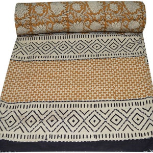 Indian Kantha Quilt hand block Print Kantha Bedcover Indian Blanket Gudari Queen Size Kantha Blanket Indian Bedspread image 1