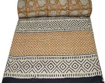 Indian Kantha Quilt hand block Print Kantha Bedcover Indian Blanket Gudari Queen Size Kantha Blanket Indian Bedspread