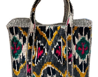 Velvet Tote Bags, Ikat Cotton Velvet Market Bag, Jhola Bag,  Cotton Velvet Quilted Tote Bag, Hippie Bag, Weekend Bag