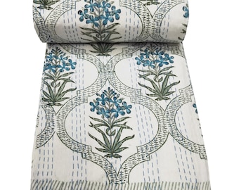 Indian Kantha Quilt Block Printed Kantha Blanket Cotton Kantha Bedspread  Kantha Blue quilt Throw Indian print summer bedspreads
