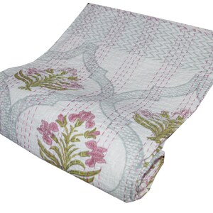 Block Hand Kantha Quilted Kantha Quilt Boho Indian Kantha Quilt, Blanket Bedspread Quilting Bed Cover Kantha Bedding Bedspread Floral Print image 5