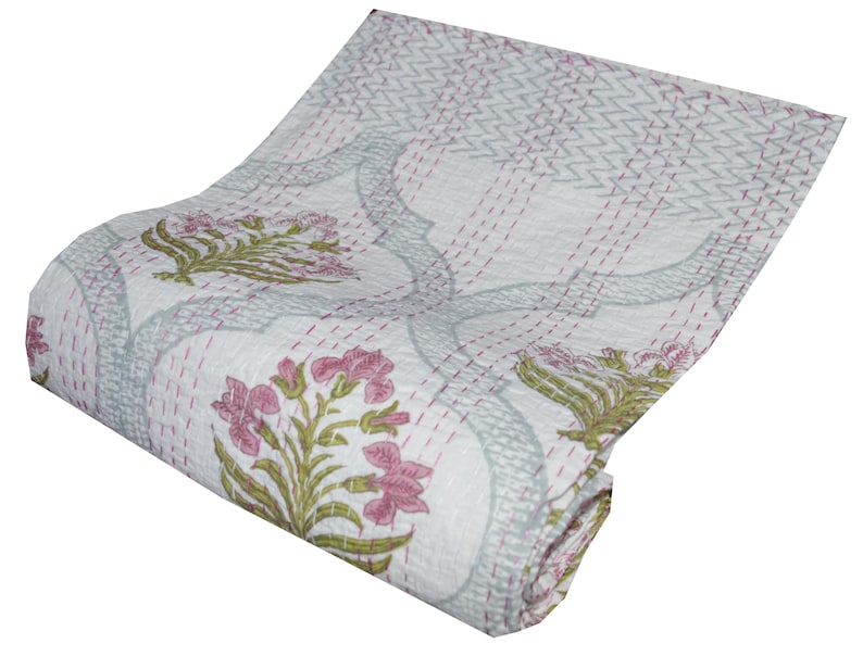 Block Hand Kantha Quilted Kantha Quilt Boho Indian Kantha Quilt, Blanket Bedspread Quilting Bed Cover Kantha Bedding Bedspread Floral Print image 5