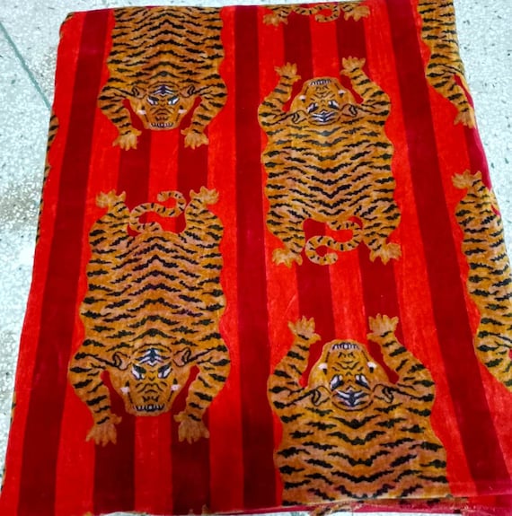 Tibetan Tiger Print Red Velvet Fabric, Luxury Velvet Fabric by Yard,Decorative Upholstered Velvet Fabric,