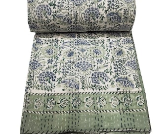 Indian Kantha Quilt  Throw Reversible Blanket Bedspread Block Print Fabric Bohemain quilt Twin/Queen/King chic bedding coverlets