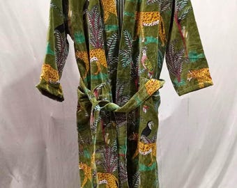 Indian Bird Print Luxury Velvet House Robe, Unisex Kimono Boho Kimono Indian 100% Cotton Winter Warm Christmas, Gift, Green Christmas ,