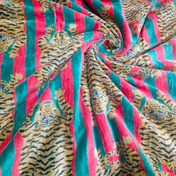 Beautiful Hand Block Tibetan Tiger Printed Fabric, Velvet Fabric, Indian Fabric, fabric by yard, Block Printed Velvet womens clothing