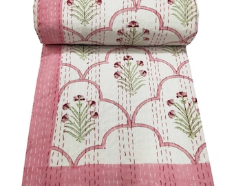 Hand Block Print Kantha Quilt Pink Floral Quilt Bedspread Kantha Blanket Indian Bedspread Indian Quilt Queen Quilt Bed Cover