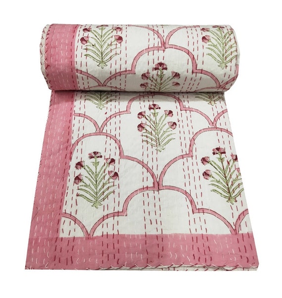 Hand Block Print Kantha Quilt Pink Floral Quilt Bedspread Kantha Blanket Indian Bedspread Indian Quilt Queen Quilt Bed Cover