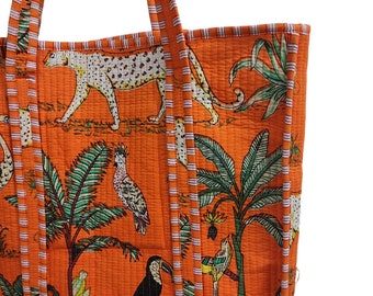 Indian Quilted Tote Shopping Bag, Zebra Print Cotton Orange