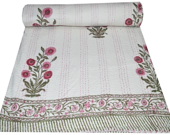 Indian White Kantha, Hand Block Print Cotton Kantha Quilt , Indian Kantha Quilt,  Quilt, Kantha Bedspread, Queen size kantha quilt