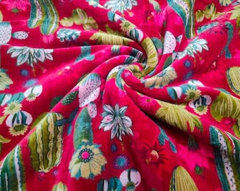 Indian Velvet Fabric, Floral Hand print, Fabric by the Meter Pink Floral Print  Upholstery, Chair, Sofa, Cushion Fabric Velvet