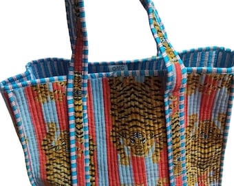 Cotton Velvet Quilted Tote Bag, Tiger Print Cotton Velvet Market Bag, Jhola Bag, Hippie Bag, Weekend Bag, Cotton Tote bag