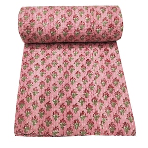 Indian  Pink Twin/King/ Queen Block Print Kantha Quilt Throw Bedsheet Bedspread Cotton Bedcover Handblock Blanket