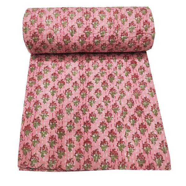 Edredón Kantha con estampado de bloques, tamaño individual, king y queen, color rosa indio, cubrecama de algodón, manta hecha a mano