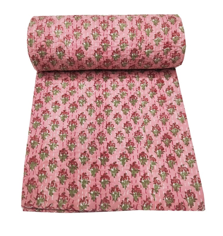 Indian Pink Twin/King/ Queen Block Print Kantha Quilt Throw Bedsheet Bedspread Cotton Bedcover Handblock Blanket