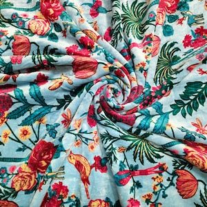 Velvet Quilt, Indian Cotton Velvet Birds Printed Fabric By Yard, Velvet Curtain Upholstery Cushion Plush Soft Fabric, Chair, Sofa, Cushion,