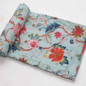 Indian Kantha Quilt/  hand block Floral Print Cotton Bed cover Bedspread Blanket/King size Kantha Quilt/Kantha Coverlet Throw